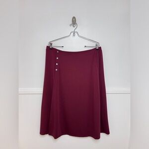 Garnet Hill Jersey Knit Button-Detail Faux Wrap Midi Length Skirt in Wine